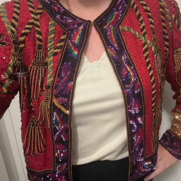 Vintage Niteline Red Sequined Holiday Jacket Tassels Silk Blazer 80s XL - Picture 4 of 9